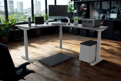 Lift It, Electric Sit Stand Height Adjustable 72"x30" I 48"x24" L-Shape Office Desk for Office or Home, 4 Memory Digital Control with USB Charging, Charcoal Pattern Top, Silver Frame