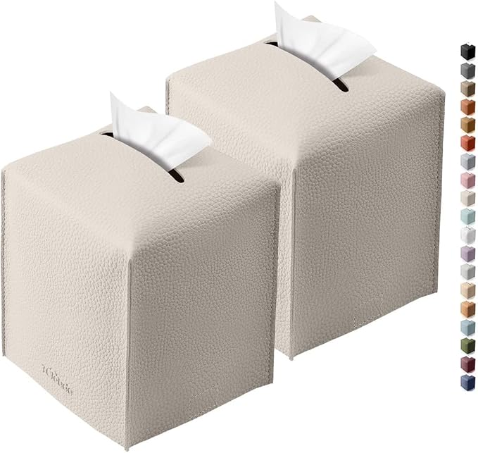 Tclouda Tissue Box Cover for PU Leather, Modern Simple Solid Color Holder Square Tissue Bag, Ideal for Bathrooms,Office,Car,Outdoor Tent,Dining Table,5"X5"X5", Double Off-White