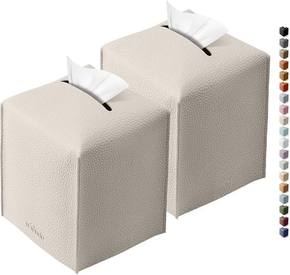 Tclouda Tissue Box Cover for PU Leather, Modern Simple Solid Color Holder Square Tissue Bag, Ideal for Bathrooms,Office,Car,Outdoor Tent,Dining Table,5"X5"X5", Double Off-White