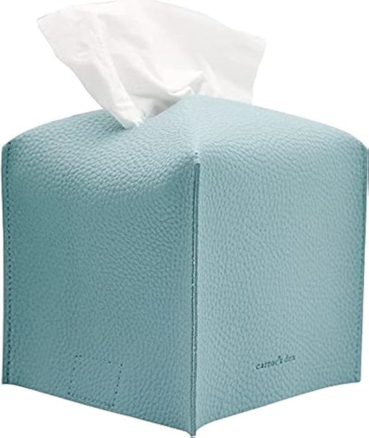 Tissue Box Cover Holder, Square with Bottom Belt by Carrot's Den - PU Leather Decorative Organizer for Tabletop, Bathroom, Car, Office (Light Blue)