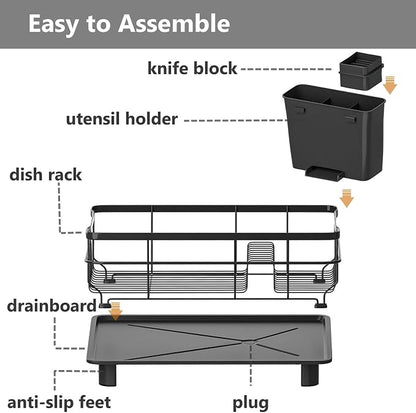 AIDERLY Auto Drain Metal Dish Drying Rack Dish Drainers, All Black | with Draining Tray, Strainer, for Kitchen Counter, Sink