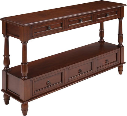 Vintage Solid Wood Console Table with 6 Drawers - 54" Hallway Sofa Table with Bottom Shelf for Entrance, Living Room & Foyer, Cherry