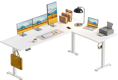 OffiGo 71 Inch Reversible L Shaped Electric Standing Desk, Height Adjustable Corner Stand up Desk, Ergonomic Large Lift Computer Table for Home, Office, Workstation, White