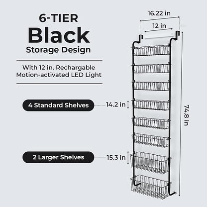 Over Door Organizer Storage - 6 Tier Black Metal Over the Door Pantry Organizer Heavy Duty Hanging Storage Rack, Behind Cabinet Shelves for Home, Kitchen, Bathroom, Closet, Pantry