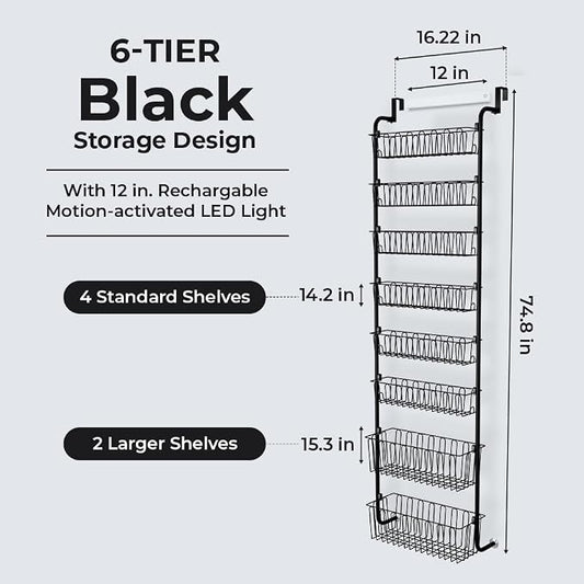 Over Door Organizer Storage - 6 Tier Black Metal Over the Door Pantry Organizer Heavy Duty Hanging Storage Rack, Behind Cabinet Shelves for Home, Kitchen, Bathroom, Closet, Pantry