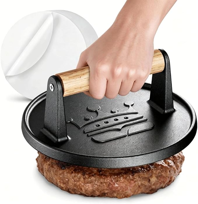 Smash Burger Press 6.5”, Includes 20 Pcs of Baking Paper, Cast Iron Flat Round Edge Grill/Bacon/Meat/Hamburger/Chef Press with Wood Handle, Hamburger Press Patty Maker for Griddle Accessories