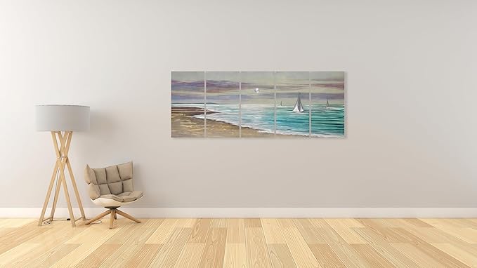 YHSKY ARTS Beach Theme Metal Wall Art - 5 Panels Aluminum Sea Waves Sculpture