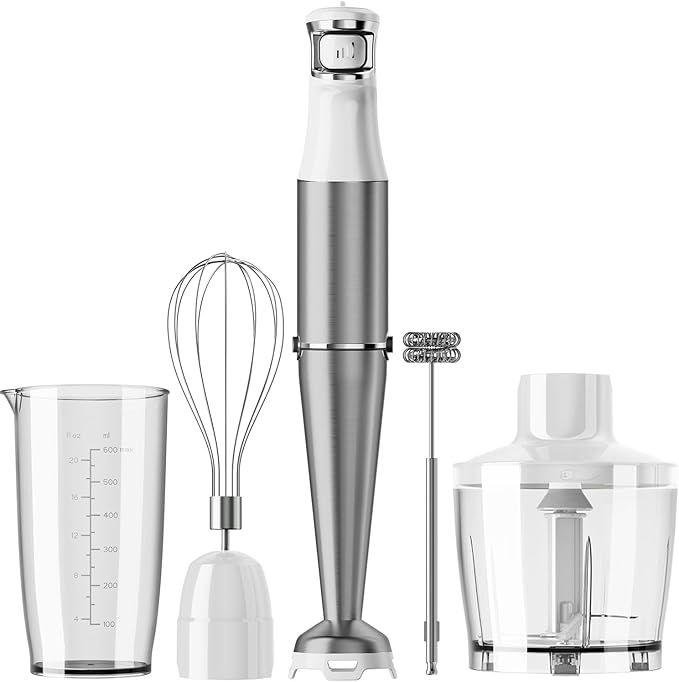 Turelar Immersion Blender Handheld Corded Hand Blenders Set 1100W, Trigger Variable Speed 5 in 1 Stick Emulsifier with Chopper, Whisk and Frother for Soup, Baby Food and Smoothies, White