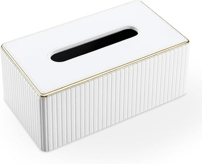 KINGFOM Rectangular Tissue Box Cover, PU Leather Tissue Box Holder with Magnetic Bottom, Napkin & Facial Tissue Holder Dispenser Decorative Box Cover for 120-count (3-Ply) 160-count (2-Ply) White