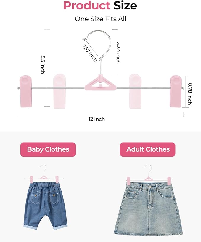 Skirt & Pant Hangers with Clips for Women - 50 Pack Space Saving Stackable Skirt Hangers with Clips - Non-Slip, Adjustable for Kid, Adult, Men, Children, Baby, Pink