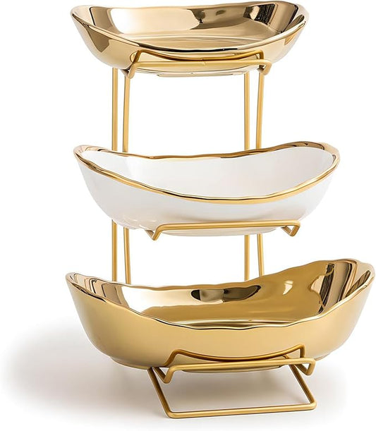 MEIGLQEA Gold Silver Fruit Bowl with Metal Stand, 3 Tier Ceramic White Fruit Bowl Fruit Rack for Kitchen Counter, Tiered Fruit Basket for Snacks Bread Candy Storage (Gold (Smooth Surface))