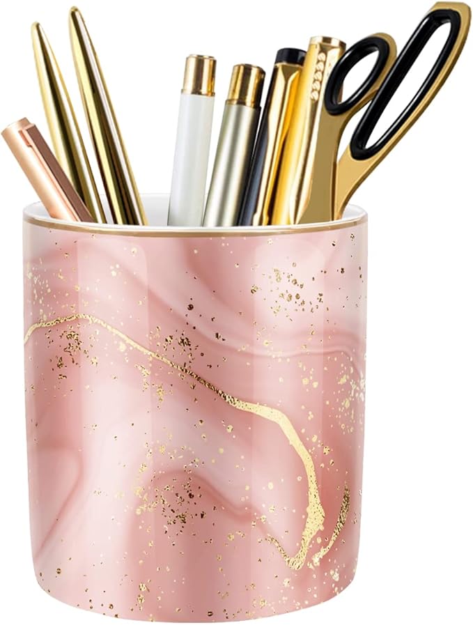 WAVEYU Large Capacity Colored Pen Holder for Desk, Ceramic Pencil Holder Pen Cup Marker Holder Makeup Brush Holders, Desk Accessories & Workspace Organizers for Home, Office, Red Marble