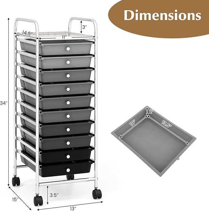 RELAX4LIFE Craft Organizers and Storage Cart - Rolling Cart with 10 Drawers, Lockable Casters for Tools, Trolley Cart with Wheels, Utility Cart for School, Home Office, Craft Cart (Gradient Black)