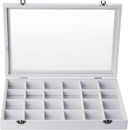 Frebeauty Velvet Jewelry Tray,24 Grid Jewelry Organizer with Clear Lid,Earring Holder Organizer with Clasp,Drawer Insert Rings Pendants Brooches,13.8 x 9.5 x 2 Inches,Gift for Women Girls(White)
