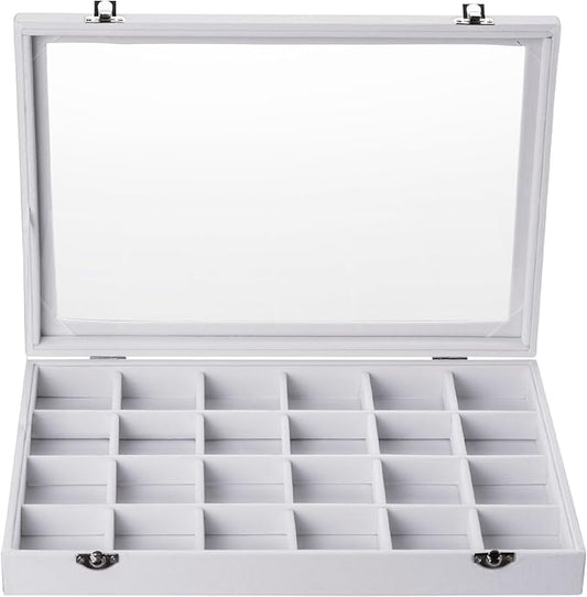 Frebeauty Velvet Jewelry Tray,24 Grid Jewelry Organizer with Clear Lid,Earring Holder Organizer with Clasp,Drawer Insert Rings Pendants Brooches,13.8 x 9.5 x 2 Inches,Gift for Women Girls(White)