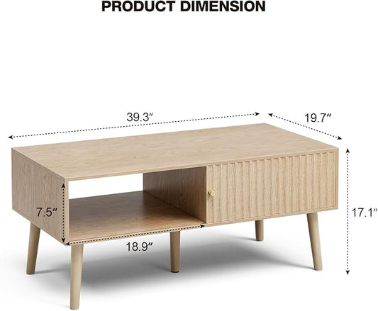 LCRBOL Coffee Table with Storage, Boho Dining Table with Sliding Fluted Door and Solid Wood Legs, Small Coffee Tables for Living Room, Oak