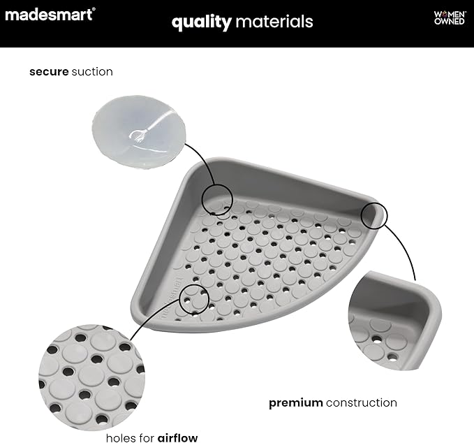 madesmart Bathtub Corner Shelf, Storage for Soaps, Shampoo Bottles & Bath Accessories, Strong Suction Cup, Drainage Holes, Grey