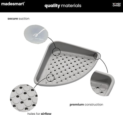 madesmart Bathtub Corner Shelf, Storage for Soaps, Shampoo Bottles & Bath Accessories, Strong Suction Cup, Drainage Holes, Grey