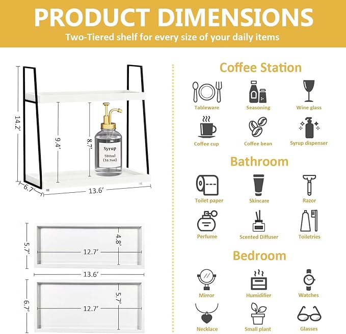 Countertop Coffee Station Organizer, 2 Tier Large Coffee Bar Organizer for Accessories Storage, Stable Metal Wooden Shelf Syrups Holder Condiments Rack