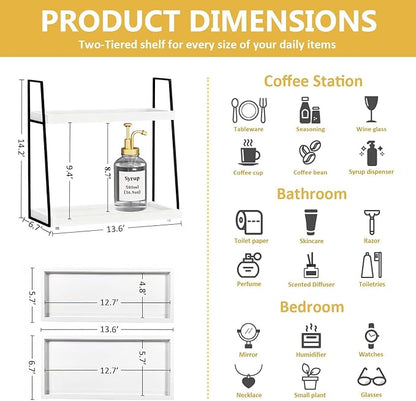 Countertop Coffee Station Organizer, 2 Tier Large Coffee Bar Organizer for Accessories Storage, Stable Metal Wooden Shelf Syrups Holder Condiments Rack