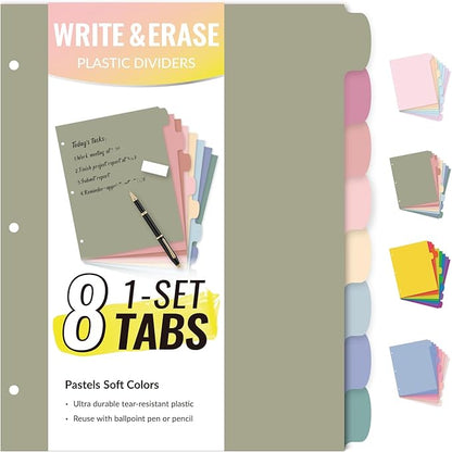 Sooez 8 Tabs Long-Lasting Plastic Write & Erase Large Tabs Dividers for 3 Ring Binder, Aesthetic Cute Pastels Binder Dividers for Student, Teacher, Office, Home Organizers, 1 Set, Dusty Color