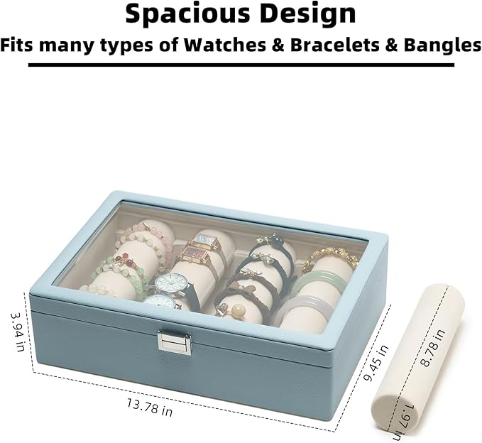 Bracelets Organizer Rods Bangles Display Holder, Clear See through Lid Leather Velvet Jewelry Storage Box Case for Women, 4 Rods Blue Leather