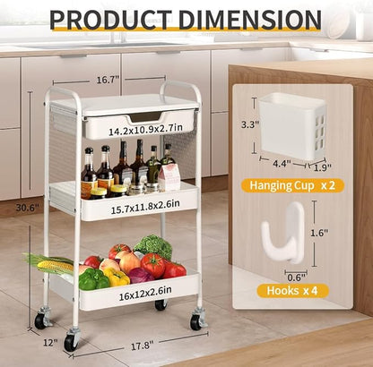 CRUDATE 3-Tier Rolling Cart with Drawer, Metal Utility Storage Cart Organizer with Lockable Wheels&Hanging Cups&Hooks, Mobile Storage Craft Carts Trolley with Mesh Shelves for Kitchen, Office-White
