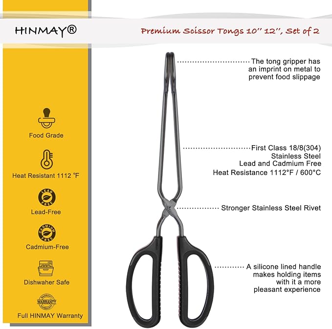 HINMAY Stainless Steel Kitchen Tongs 10" and 12" Set, Comfortable Grip Scissor Tongs for Cooking, Grilling & Serving (Black)