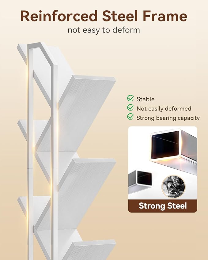 Casaottima Tree Bookshelf with LED Lights, 6-Tier Narrow Bookcase for Small Spaces, Tall Steel & Wood Storage Shelf with Cabinet, Home Decor & Organizer for Living Room/Bedroom/Home Office, White