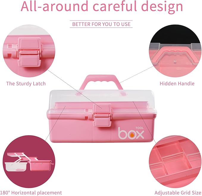 TERGOO 12in 3-Layer Plastic Craft Organizers and Storage, Portable Folding Tackle Box with Handle & Adjustable Dividers, Multipurpose Case for Sewing, Art Supplies, Medicine, Tools (Pink)
