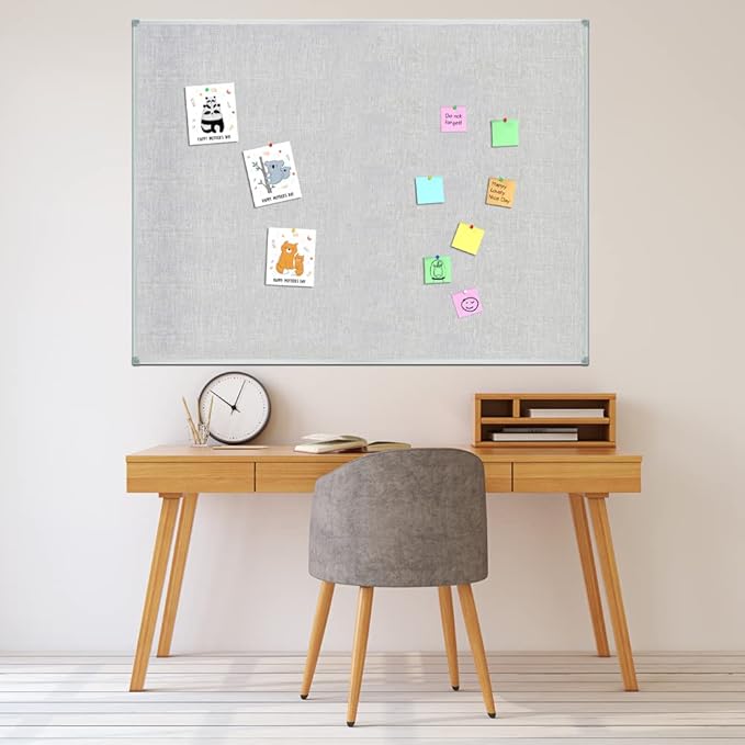 Lockways Linen Cork Bulletin Board, Light Grey Color Framed Linen Fabric Pinboard 48 x 36 Inch, Silver Aluminum Frame Message Notice Wall Mounted Cork Board for Home Kitchen Office Decorative