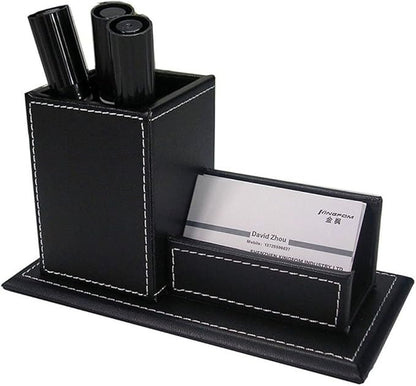 KINGFOM Desk Organizer Set 5PCS Office Supplies Synthetic Leather Files Holder Cabinet Desk Organizer Drawer, Multifunction Organizer Box, Tissue Box Holder and Sticky Notes Dispenser Case (T08-Black)