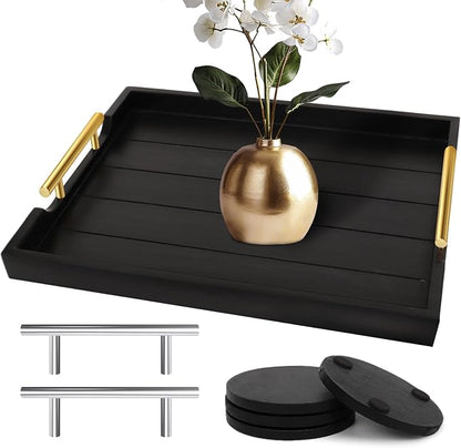 SXNOWS Coffee Table Trays - Large Ottoman Tray for Living Room -Wood Serving Tray with 2 Sets of Handles - Wooden Tray for Coffee Table, 4 Round Coasters Included, Black