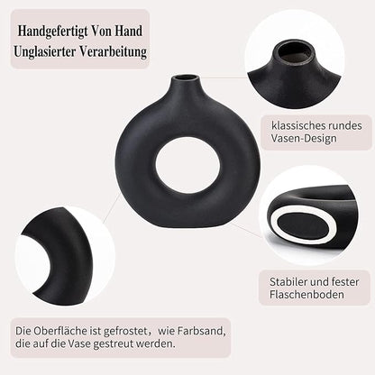 Black Ceramic Donut Vase Set of 2, Hollow Round Matte Pampas Flower Vases for Boho Home Wedding Party Room Dinner Table Shelf Decor.（Black）