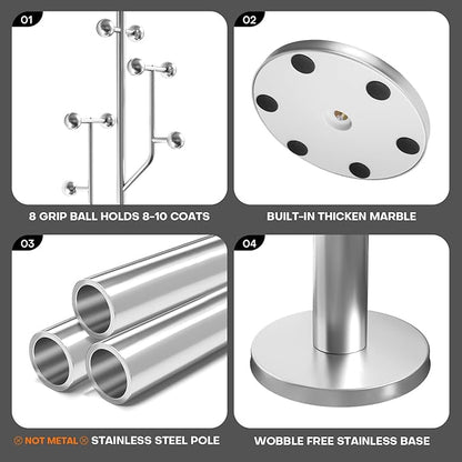 Coat Rack Freestanding with Stainless Steel Marble Base, 8 Ball-shaped Hooks, Heavy-Duty Standing Coat Rack, Coat Hanger Stand for Bedroom Entryway Hallway, Hat, Bags, Long Dresses, Silver