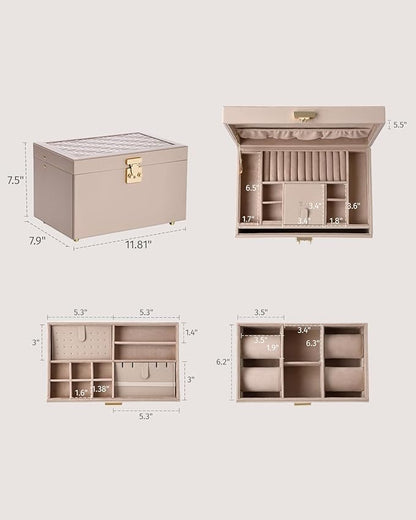 3-Tier Jewelry Box, Jewelry Organizer Box with 2 Drawers, Large Storage Capacity for Necklace Bracelets Earrings Rings, Lockable, Christmas Gift for Women, Light Taupe