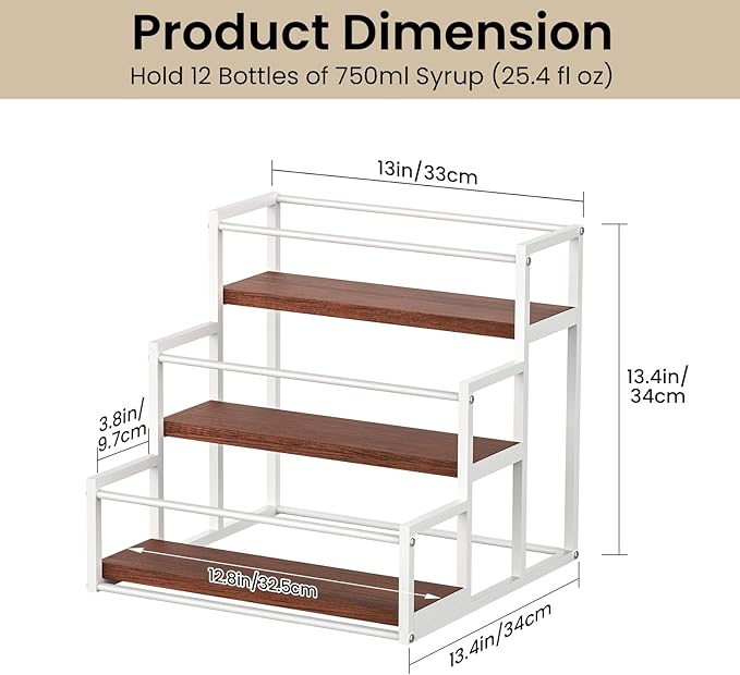 THYGIFTREE Coffee Syrup Rack Organizer 3-Tier 12 Syrup Bottles Holder Stand for Coffee Bar Station Storage Shelves for Syrup, Wine, Dressing for Kitchen Countertop, White