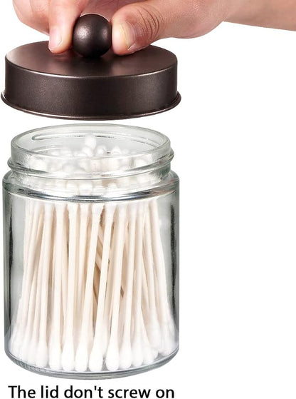 Amolliar 4 Pc Glass Apothecary Jars - Countertop Qtip Dispenser Holder with Stainless Steel Lids&Cute Stickers -Bathroom Vanity Storage Organizer Set for Qtips,Cotton Swabs/Rounds (Bronze)