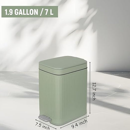 rejomiik Small Bathroom Trash Can with Lid Slim Soft Close Garbage Can Step Wastebasket Container Trash Bin for Office Bedroom Kitchen Living Room (1.9 Gallon Light Green)