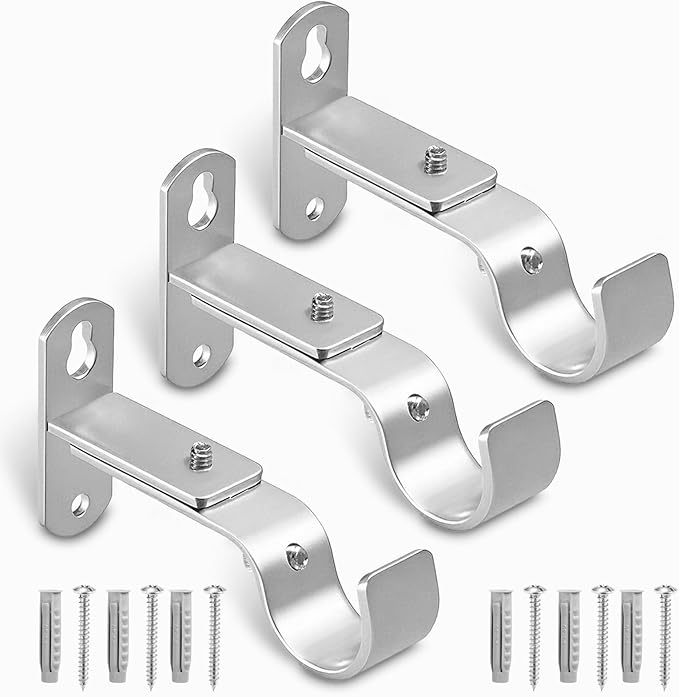 Adjustable Curtain Rod Brackets, Metal Window Drapery Rod Hanger Holders Hooks for 1 inch Rods (Satin Silver, Set of 3)