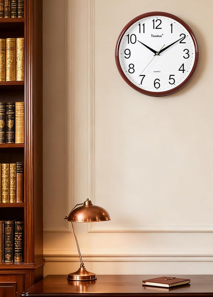 Wall Clock Silent Non-Ticking Battery Operated 12 Inch Wood Grain Large Easy to Read 3D Numbers for Office Living Room Bedroom Kitchen (Cherry Wood)