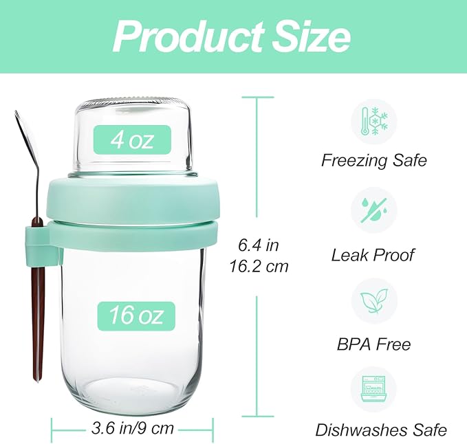 PFUM Overnight Oats Jars with Spoon and Lid 16+4 oz [4 Pack], Airtight Oatmeal Container with Leak-proof Meal Prep Containers Dry and Wet Separation Mason Jars with Lid for Cereal