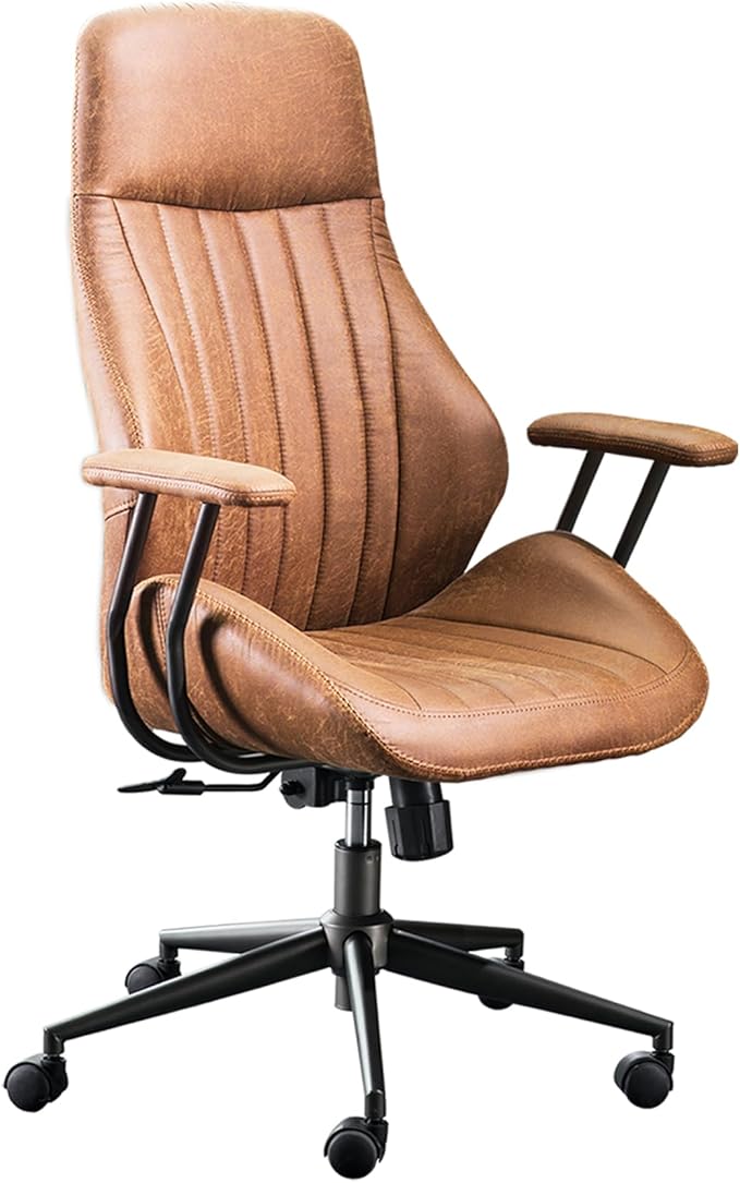 ovios Home Office Chair, Mid-Century Modern Faux Suede Leather Ergonomic Chairs, High Back Comfy Computer Swivel Rolling Task Executive Armchair, Brown