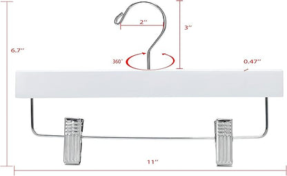 Quality 11 Inches Kids Wooden Pants Hangers 80 Pack - Skirt Hangers with Adjustable Metal Clips 360° Swivel Chrome Hook & Nonslip Notches- Ideal for Clothes Size 8 and Smaller (White, 80)