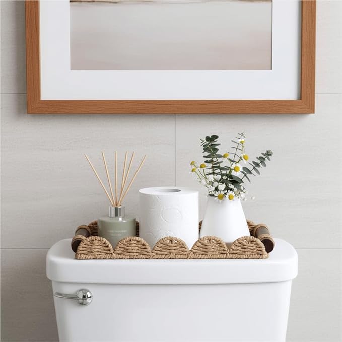 CubesLand Bathroom Toilet Paper Tray Organizer, Scalloped Decorative Tray w/Wood Handle for Counter, Shelves, Wicker Tray for Farmhouse Rustic Home Decor, Coffee Table Decor, Seasonal Decor, Neutral
