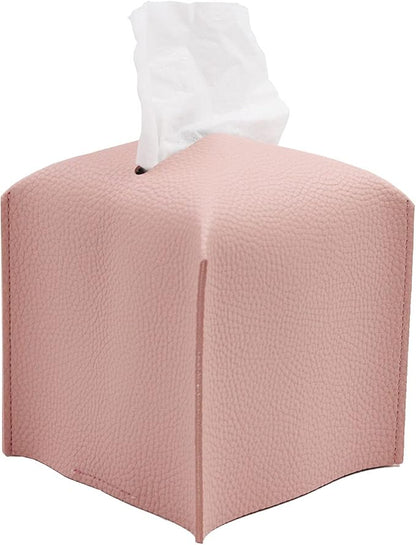 Livelab Tissue Box Cover Holder, Square Modern Decoration PU Leather Facial Tissues Case Roll Paper Dispenser for Bathroom Vanity Countertop, Night Stands, Office Desk Car 5X5X5'' | Pink