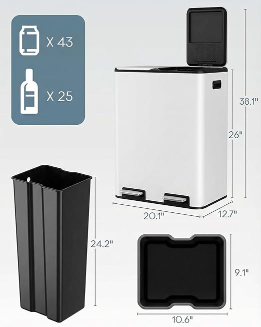 ComfyCorner 16 Gal (2 x 30 L) Dual Trash Can, Stainless Steel Kitchen Garbage Bin, Recycle Dustbin with Odor Control Box, Soft-Close Lid, Inner Buckets, Side Handle, Step Pedal, for Home Office