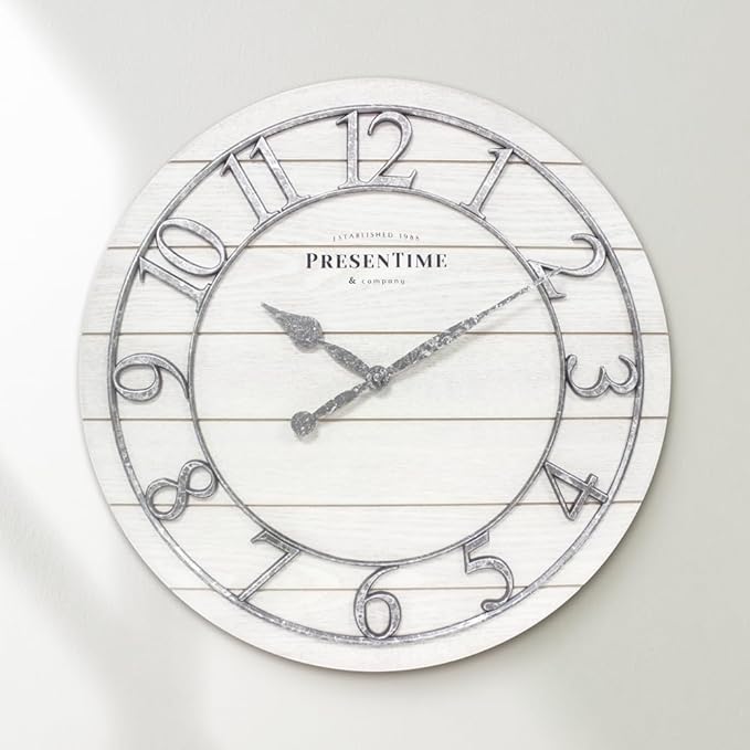 Presentime & Co Classic Farmhouse Shiplap Clock, 19.5 inch, Galvanized Finish Arabic Numerals with White Shiplap Style. Large Farmhouse Decor for Living Room, Entryway, Home Office. Wall Décor