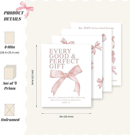LARTSFRO Coquette Pink Bow Wall Art Decor Posters, Blush Pink Bow Room Bedroom Bathroom Dorm Wall Art Decor Aesthetic for College Teen Girls Gifts, Inspirational Bible Verses Bow Wall Decor, 10x8 Inch Set of 4 Pcs Bow Pictures (UNFRAMED)