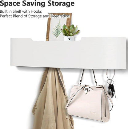 Coat Rack Wall Mount with Hidden Hooks Modern Key Holder Wood Entryway Hook with Shelf for Bedroom Kitchen Hallway Bathroom Designed for Hanging Coats Hats Bags Towels Dog Leashe(White,5 Hooks)
